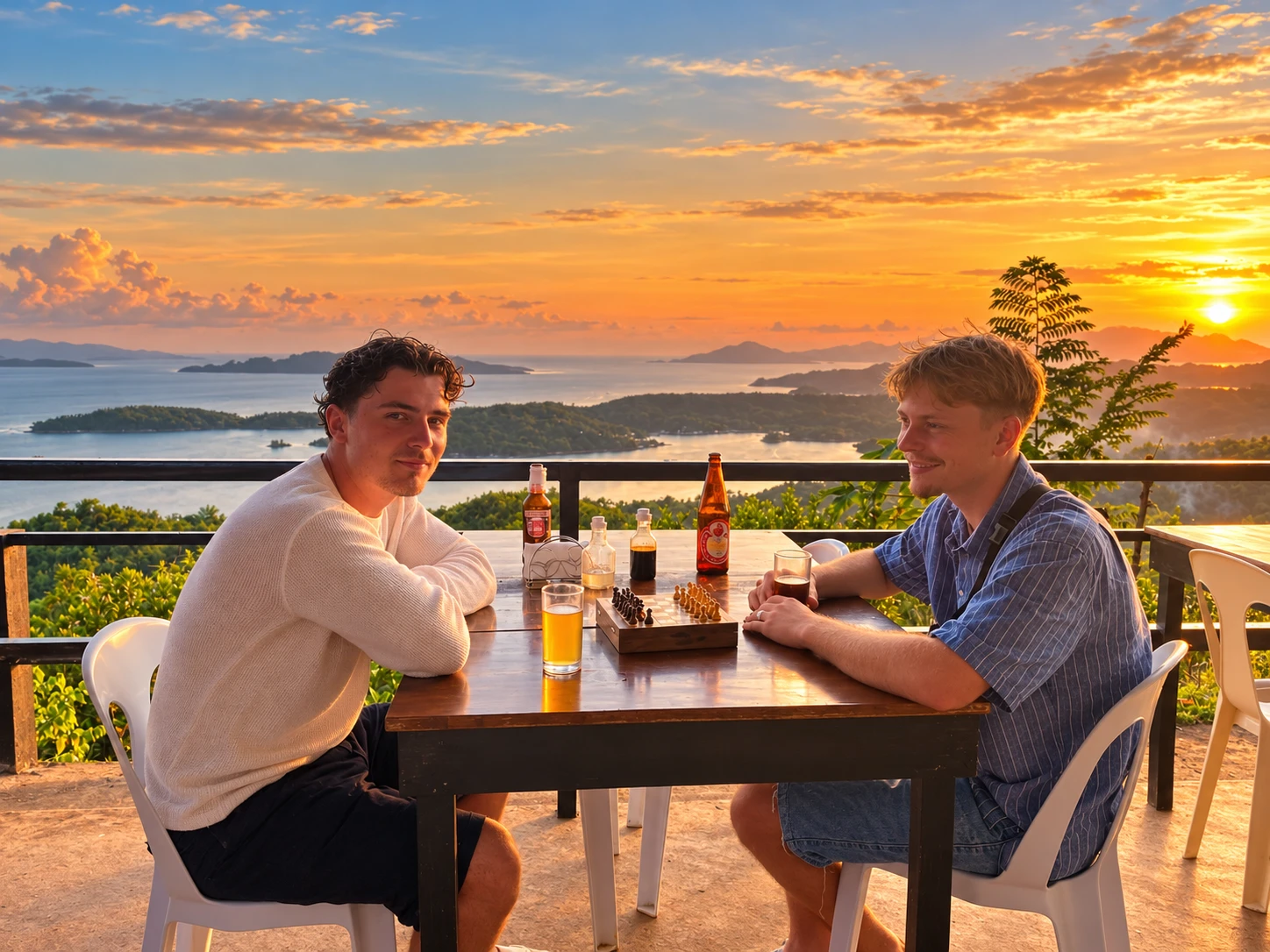 Two friends playing chess over drinks at Laaganan with a spectacular Dinagat sunset and island panorama in the background.